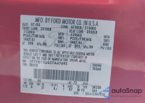 2003 Ford Ranger Edge из США, поврежденный, VIN 1FTYR11U43TA47695